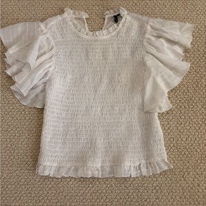 Zara White Textured Blouse with Ruffled Sleeves